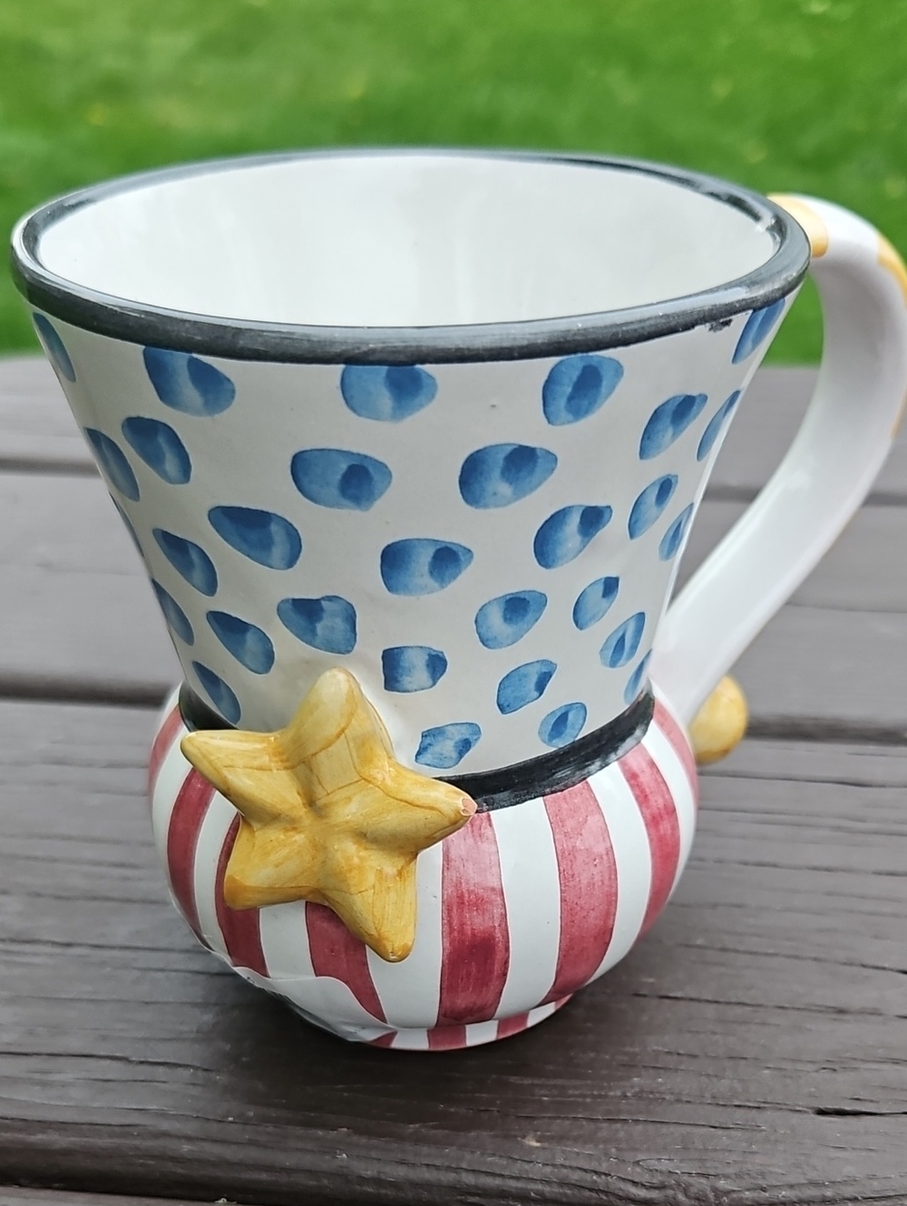 NWT! MKC Blue Dot & Red Stripe Ceramic Mug with Yellow Star